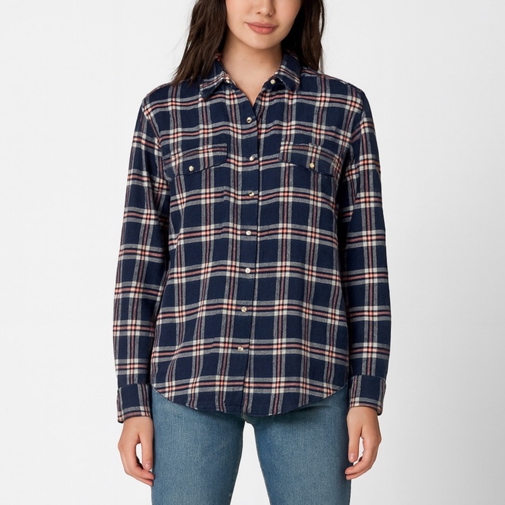 Classic Navy Plaid Women's Button Down Shirt